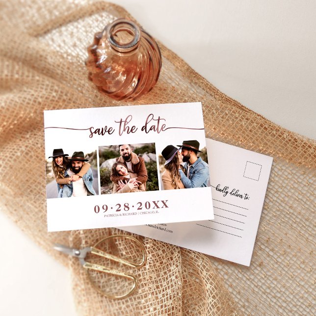 Postal Cartão de data de casamento com colagem de 3 fotos (Criador carregado)