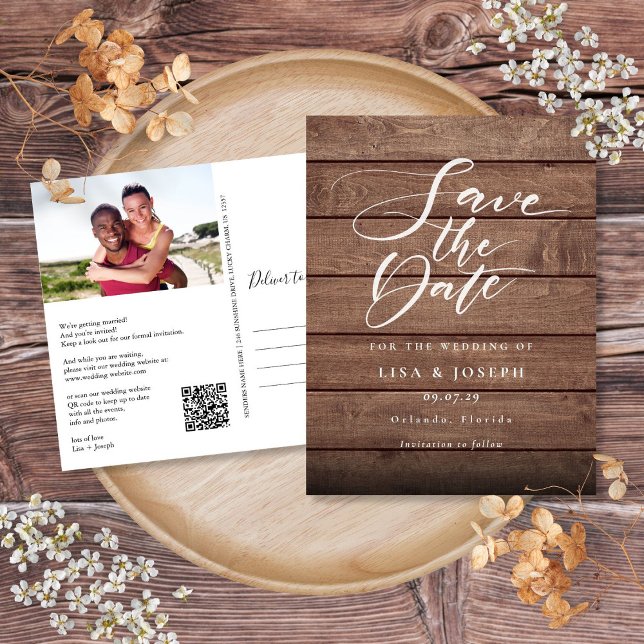 Postal Cartão de Data de Salvamento de Código QR de Foto  (Rustic Wood Photo QR Code Save the Date Postcard)