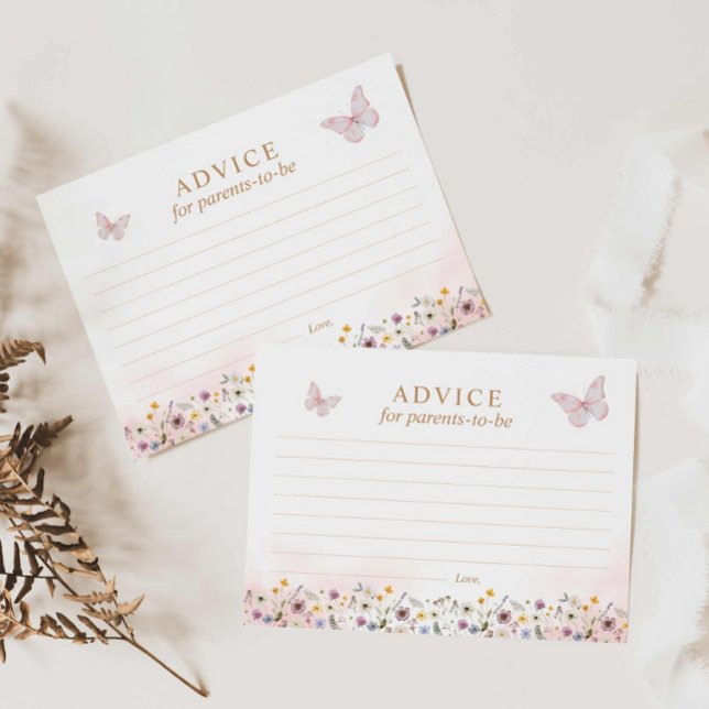 Postal Cartão de Desejos e Conselhos para Chá de Bebê Bor (Butterfly and wildflower Advice for parents to be card)