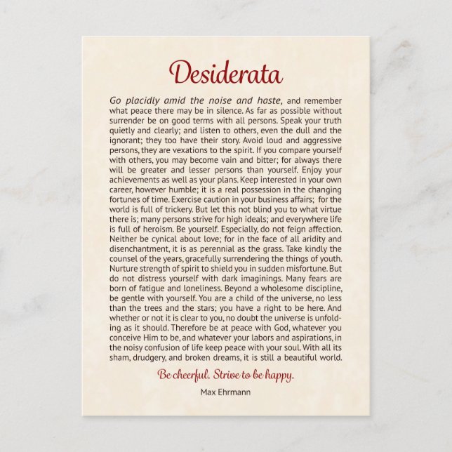Postal Cartão de Desiderata | Arte Mini Desiderata (Frente)