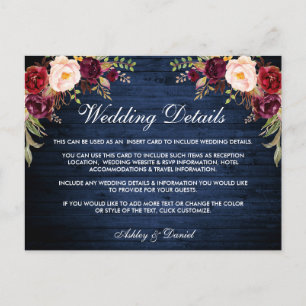 Postal Cartão de Detalhes de Casamento de Madeira Floral 