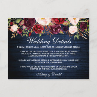 Postal Cartão de Detalhes de Casamento Floral de Madeira
