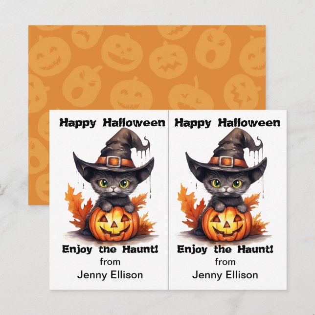 Postal Cartão de Dia das Bruxas da Festa de Chapéu de Gat (Frente/Verso)