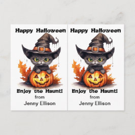 Postal Cartão de Dia das Bruxas da Festa de Chapéu de Gat