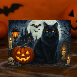 Postal Cartão de Dia das Bruxas de Gato Preto Assustador