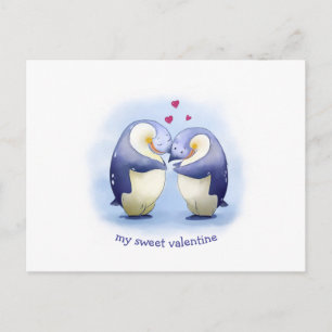 Postal Cartão de Dia dos Namorados Casal de Pinguins Fofo
