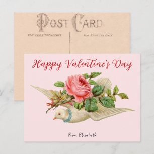 Postal Cartão de Dia dos Namorados Rosa com Pombo e Rosas