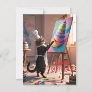 Postal Cartão de Feliz Aniversário com Bolo e Gato Engraç