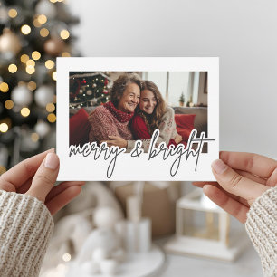 Postal Cartão de Foto Merry & Bright com Letra Moderna 