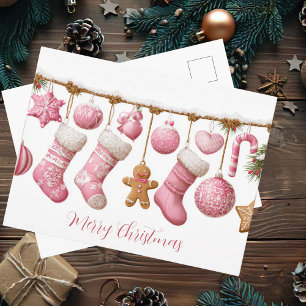 Postal Cartão de Guarlanda de Natal Rosa Festivo e Fofo