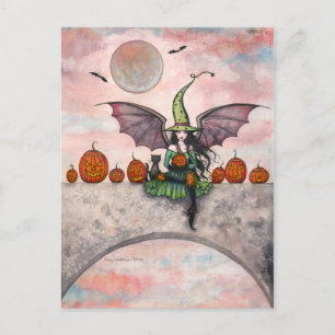 Postal Cartão de Halloween Bruxa Gato Abóboras