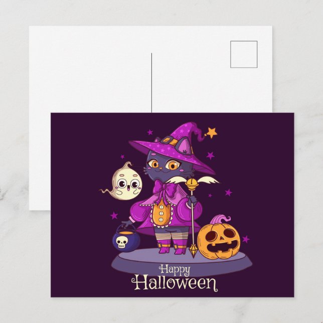 Postal Cartão de Halloween de Gato Preto Fofo (Frente/Verso)