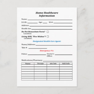 Postal Cartão de Informações para Cuidados de Saúde Domés