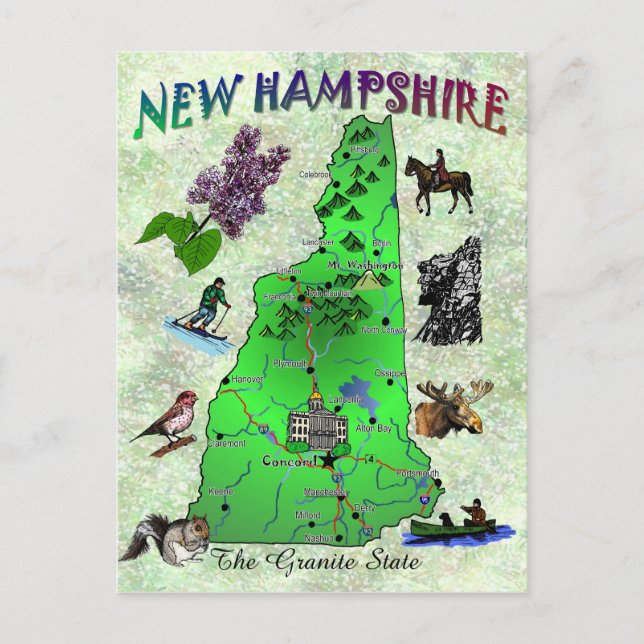 Postal Cartão de mapa do Estado de New Hampshire (Frente)