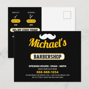 Postal Cartão de marketing de barbearia preto e branco