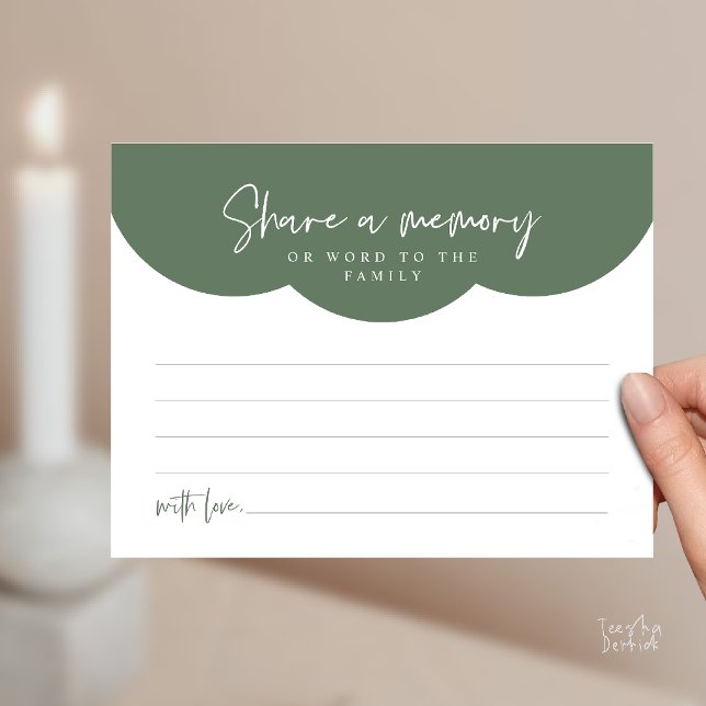 Postal Cartão de Memória de Serviço Funerário, Compartilh (Funeral Service, Share a memory or words to the family Memorial Card in Sage Green)