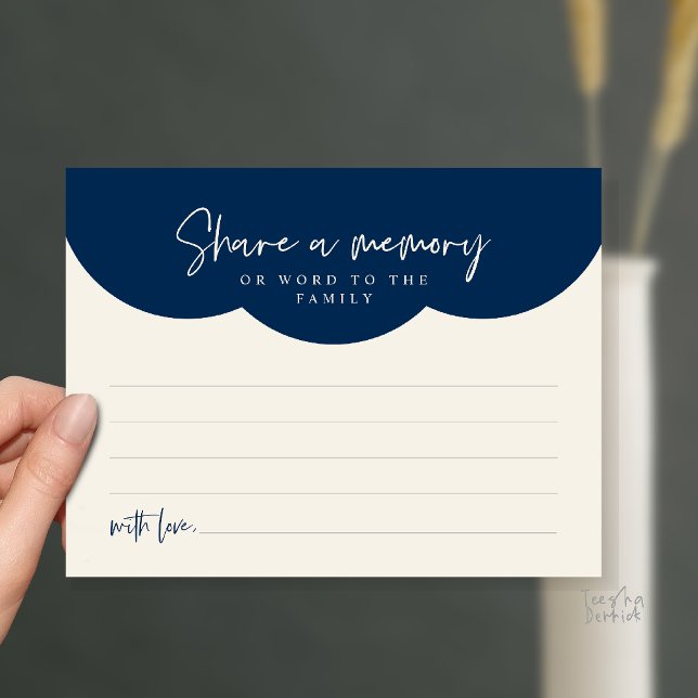 Postal Cartão de Memória de Serviço Funerário, Compartilh (Funeral Service, Share a memory or words to the family Memorial Card in Navy Blue Ivory)
