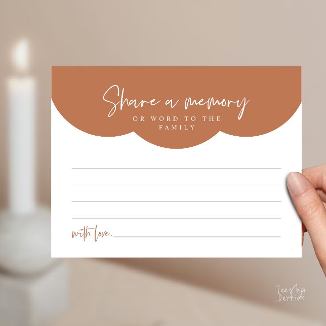 Postal Cartão de Memória de Serviço Funerário, Compartilh (Funeral Service, Share a memory or words to the family Memorial Card in Copper Terracotta Brown)