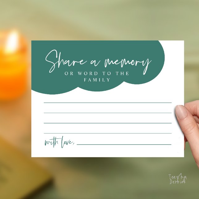 Postal Cartão de Memória de Serviço Funerário, Compartilh (Funeral Service, Share a memory Memorial, word to family Card in emerald green)