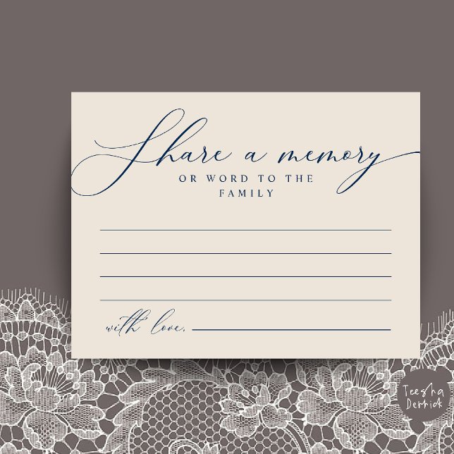 Postal Cartão de Memória de Serviço Funerário, Compartilh (Funeral Service, Share a memory Memorial Card in navy Blue Ivory)