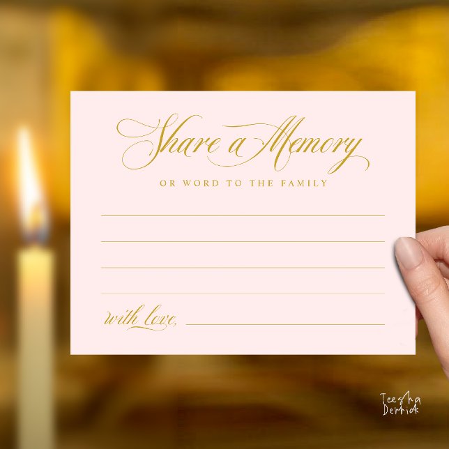 Postal Cartão de Memória Serviço Funerário Compartilhe um (Share a Memory Funeral Service Memorial Card in Blush and Gold)