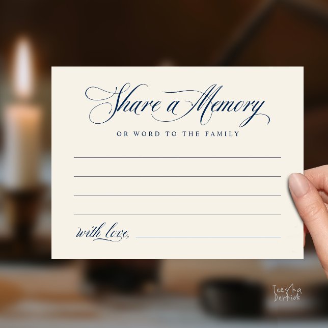 Postal Cartão de Memória Serviço Funerário para Compartil (Share a Memory Funeral Service Memorial Card in Navy Blue and Ivory)