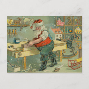 Postal Cartão de Natal Antigo - Papai Noel em sua Oficina