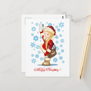 Postal Cartão de Natal com Snow Maiden de desenho animado