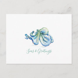 Postal Cartão de Natal Costeiro Cartão de Aquarela Octopu