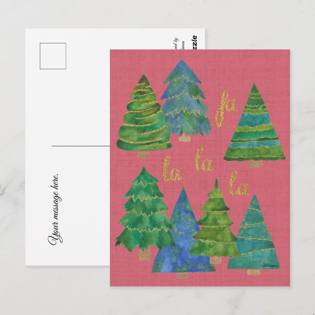 Postal Cartão de Natal de Aquarela Fa La La com Acentos D (Frente/Verso)