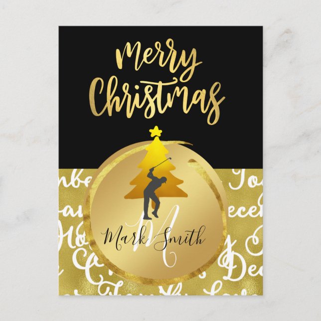 Postal Cartão de Natal de Golfe, tema Dourado e preto (Frente)