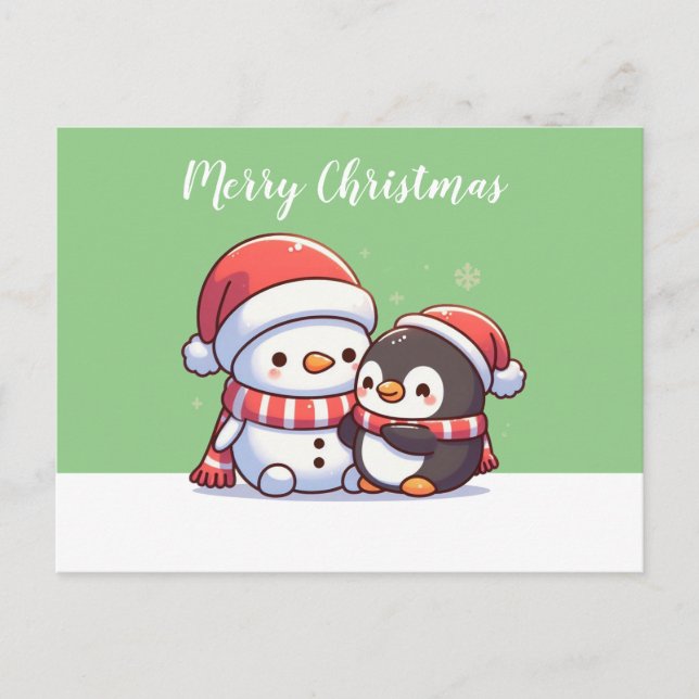 Postal Cartão de Natal de Kawaii Bonito com Snowman (Frente)