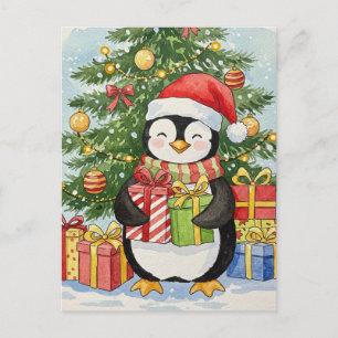 Postal Cartão de Natal de Pinguim com Aquarela