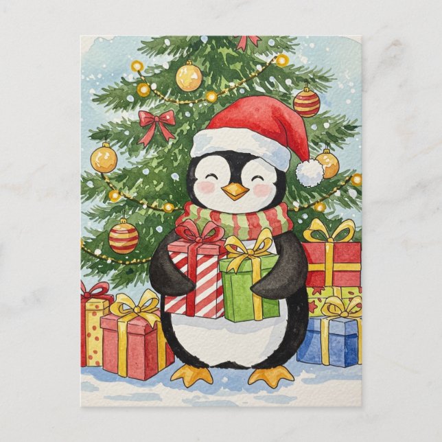 Postal Cartão de Natal de Pinguim com Aquarela (Frente)