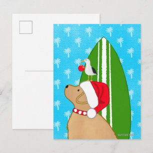 Postal Cartão de Natal do Cão de Surfboard Dourado do Pap