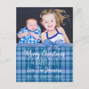 Postal Cartão de Natal Personalizado de Xadrez Azul