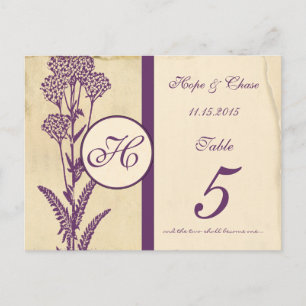 Postal Cartão de Número de Mesa com Flor Roxa Vintage Dis