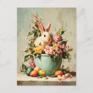 Postal Cartão de Páscoa com Flores e Coelho da Páscoa