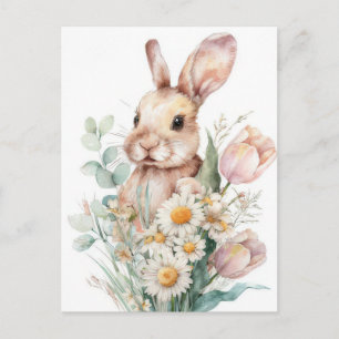Postal Cartão de Páscoa com Flores e Coelho da Páscoa