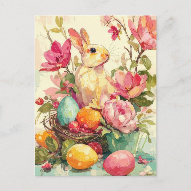 Postal Cartão de Páscoa com Flores e Coelho da Páscoa (Frente)