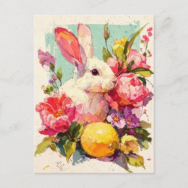 Postal Cartão de Páscoa com Flores e Coelho da Páscoa (Frente)