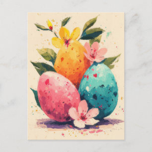 Postal Cartão de Páscoa com Flores e Coelho da Páscoa