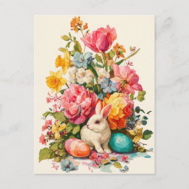 Postal Cartão de Páscoa com Flores e Coelho da Páscoa (Frente)