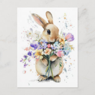 Postal Cartão de Páscoa com Flores e Coelho da Páscoa