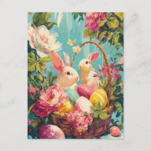 Postal Cartão de Páscoa com Flores e Coelho da Páscoa