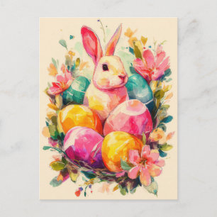 Postal Cartão de Páscoa com Flores e Coelho da Páscoa