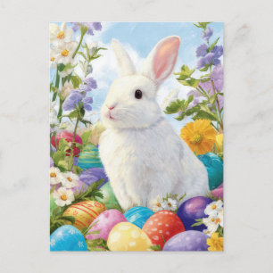 Postal Cartão de Páscoa com Flores e Coelho da Páscoa