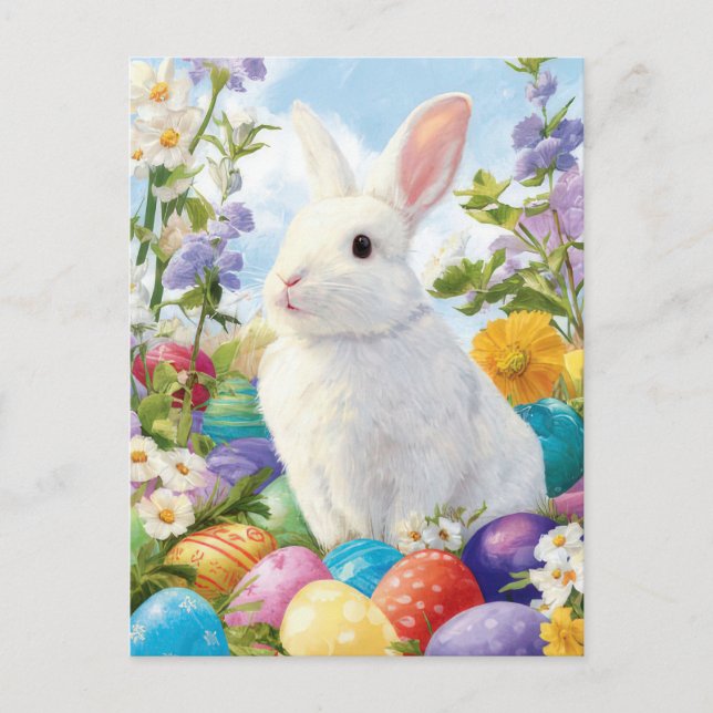 Postal Cartão de Páscoa com Flores e Coelho da Páscoa (Frente)
