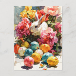 Postal Cartão de Páscoa com Flores e Coelho da Páscoa