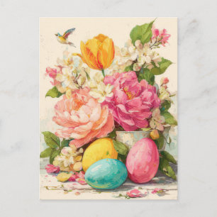 Postal Cartão de Páscoa com Flores e Coelho da Páscoa